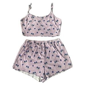 Womens Size Large Purple Blueberries Crop Cami Top & Shorts Pyjama Set Colorful